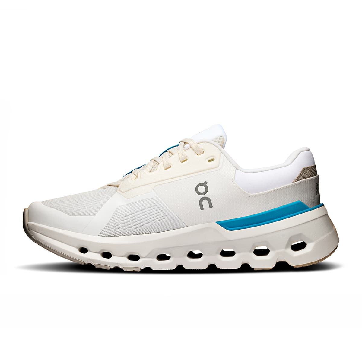 Left side view of the On Cloudrunner 2 White-Horizon women’s running shoe #color_white-horizon