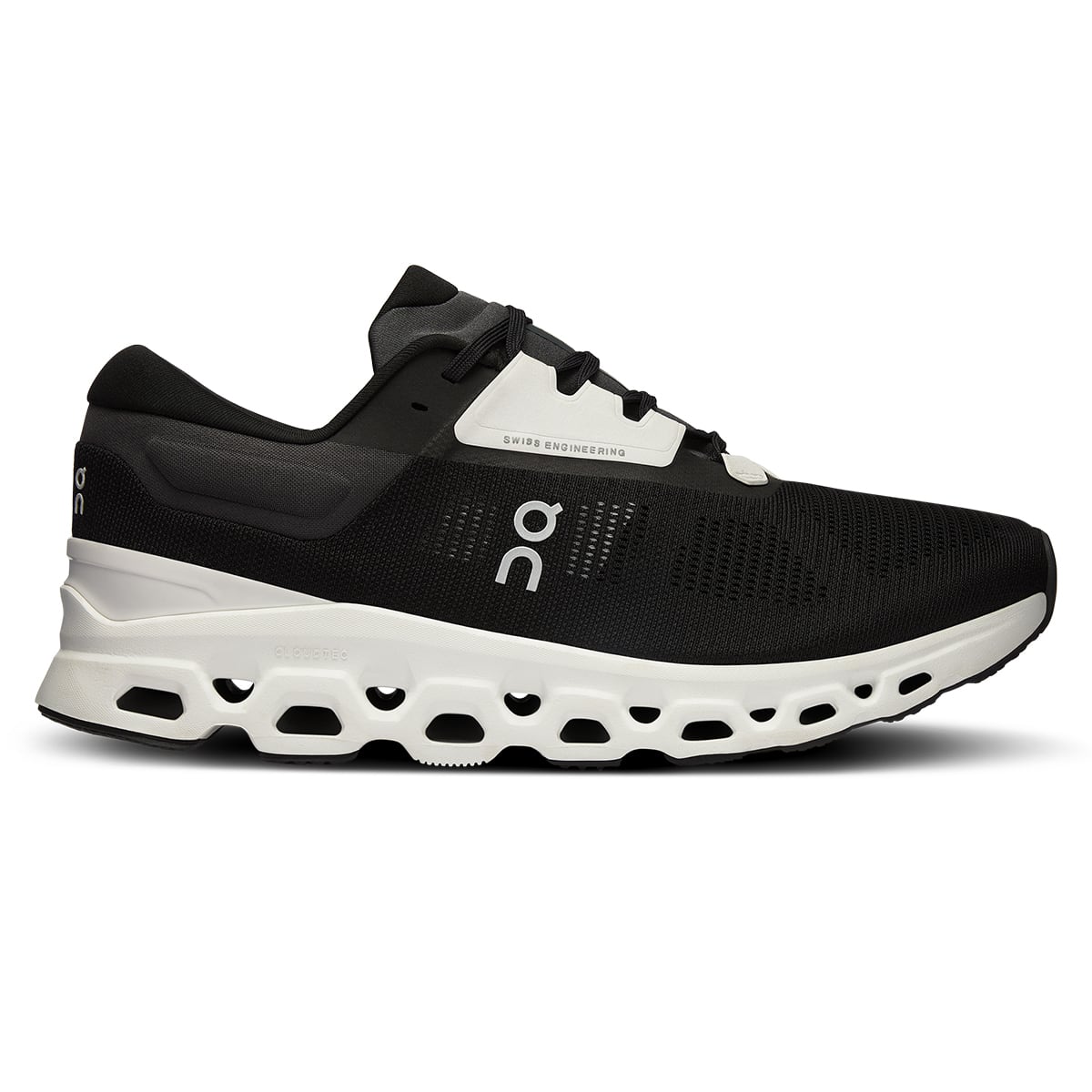 Right side view of the On Cloudstratus 3 Black Frost men’s running shoe