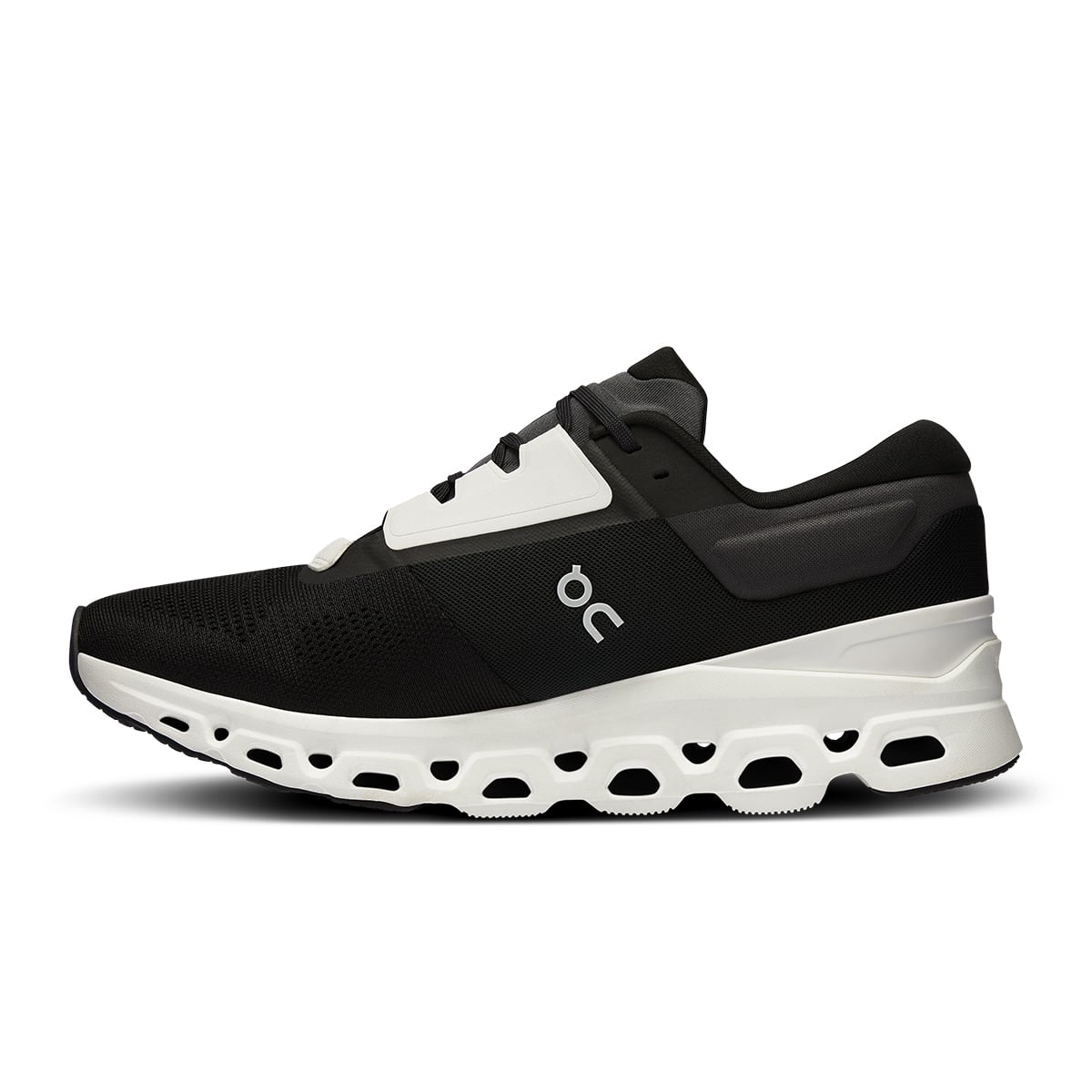 Left side view of the On Cloudstratus 3 Black Frost men’s running shoe