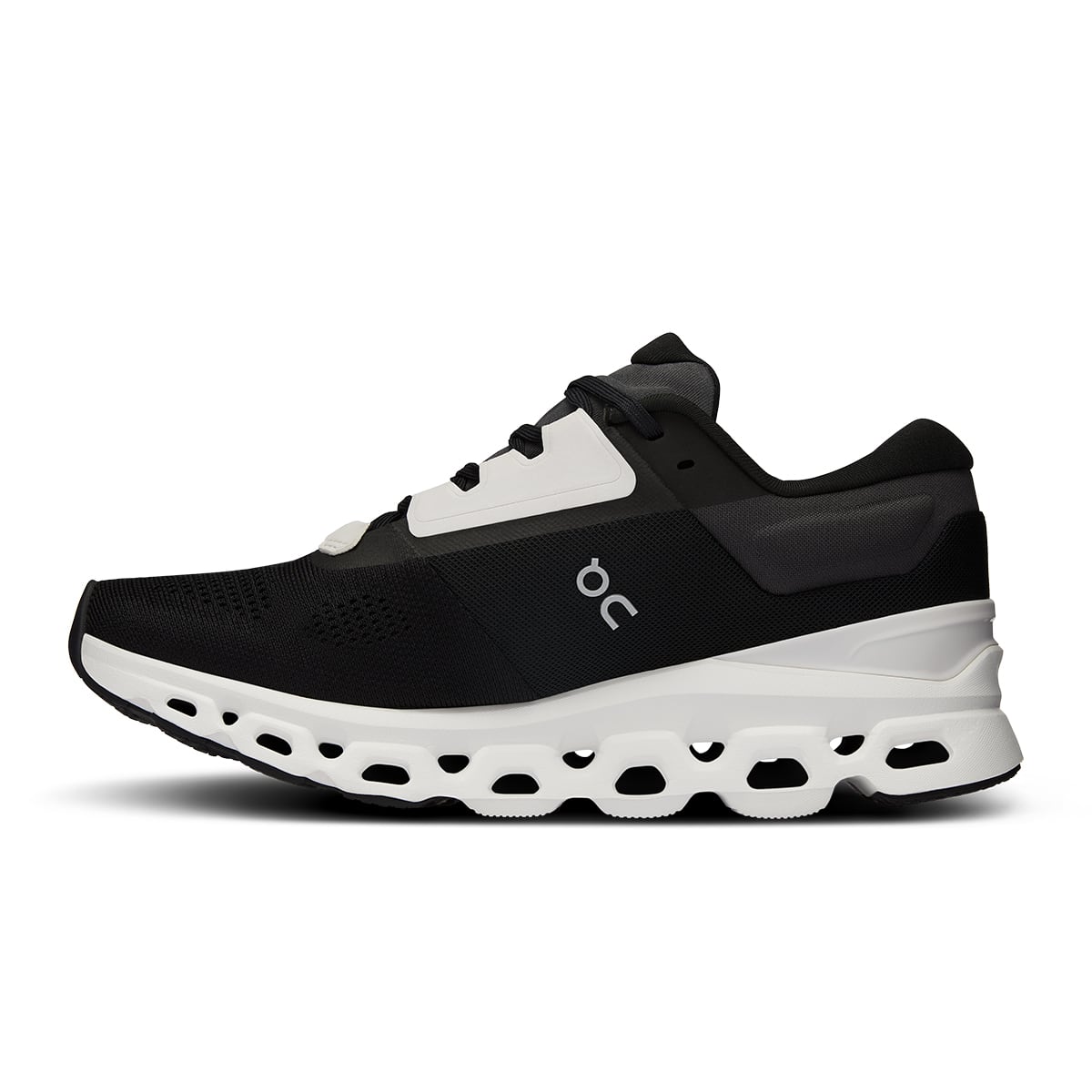 Left side view of the On Cloudstratus 3 Black Frost women’s running shoe