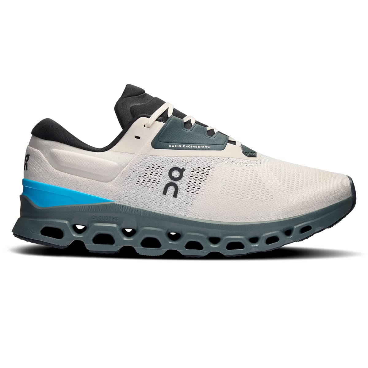 Right side view of the On Cloudstratus 3 Cream-Horizon men’s running shoe