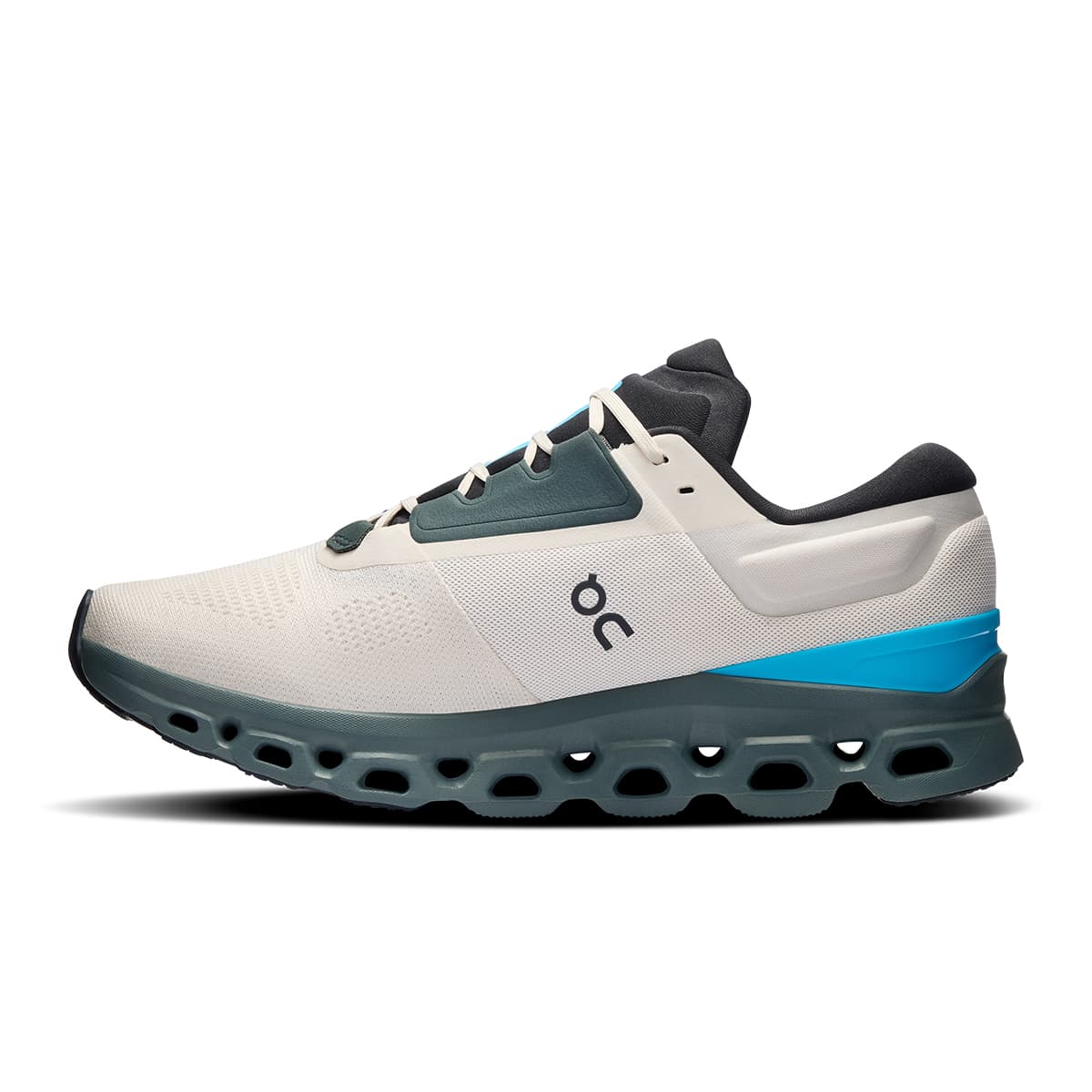 Left side view of the On Cloudstratus 3 Cream-Horizon men’s running shoe