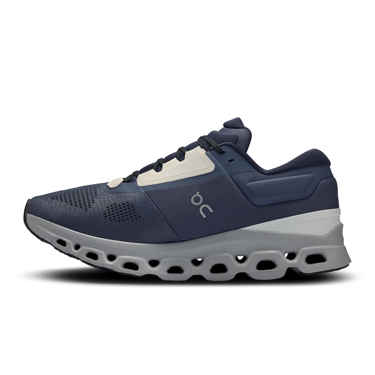 Left side view of the On Cloudstratus 3 Metal Glacier men’s running shoe