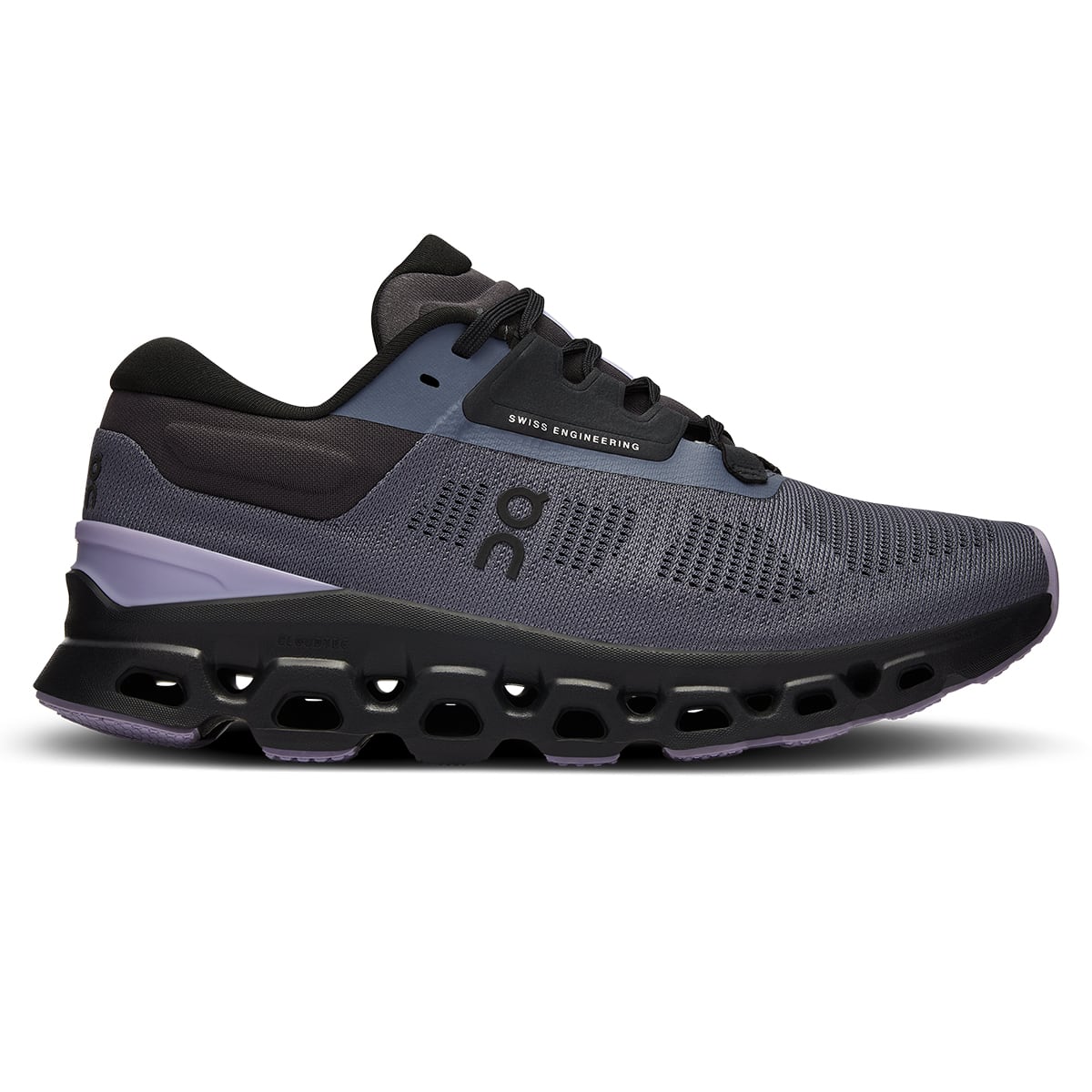 Right side view of the On Cloudstratus 3 Metal Wisteria women’s running shoe #color_metal-wisteria