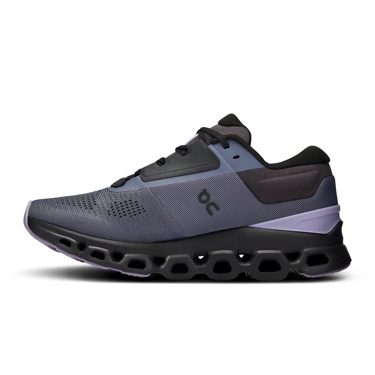 Left side view of the On Cloudstratus 3 Metal Wisteria women’s running shoe