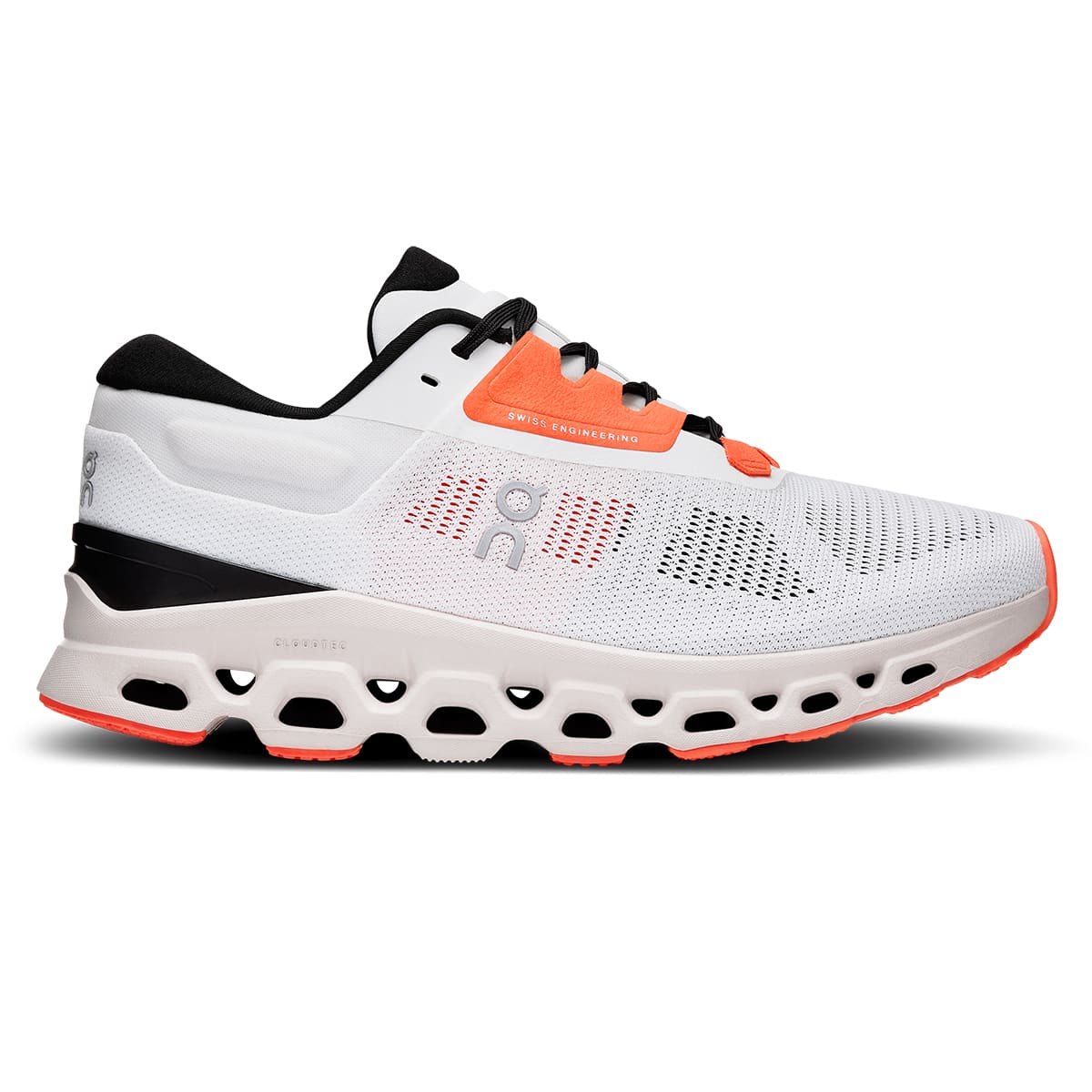 Right side view of the On Cloudstratus 3 White Sand women’s running shoe