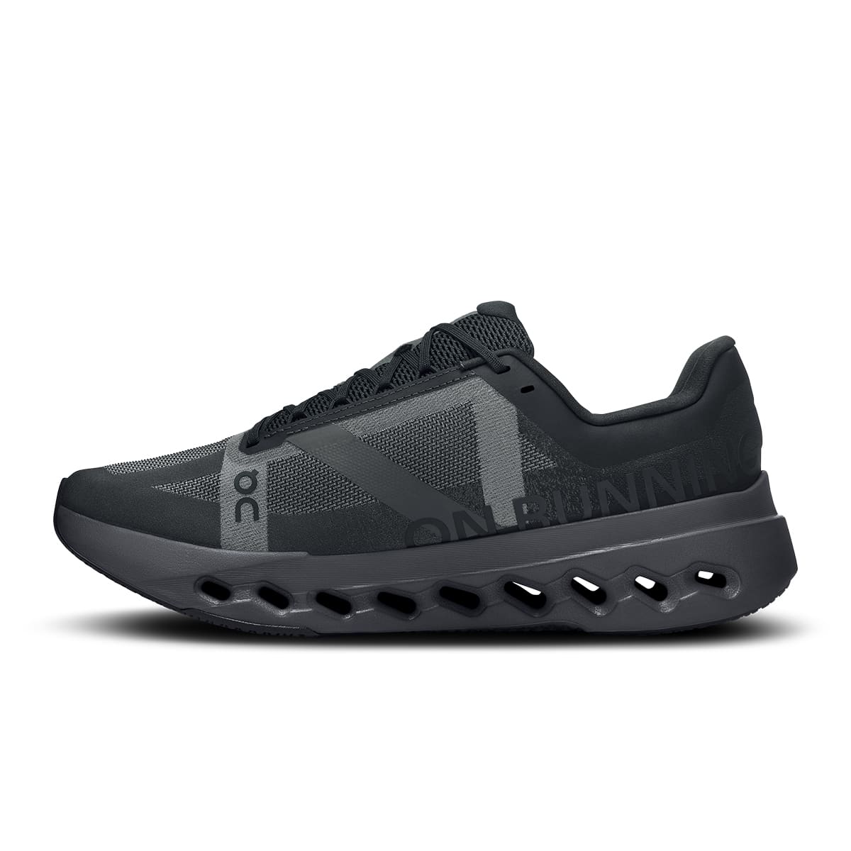 Left side view of the On Cloudsurfer Next Black Eclipse men’s running shoe #color_black-eclipse