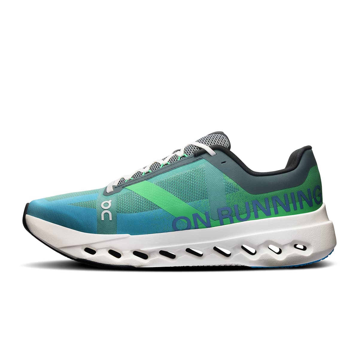 Left side view of the On Cloudsurfer Next Honeydew Ivory men’s running shoe