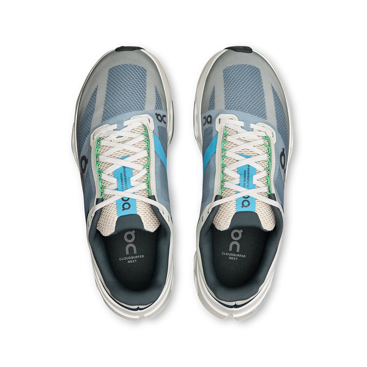 Top view of the Road Running On Cloudsurfer Next Niagara-White women’s running shoes #color_niagara-white