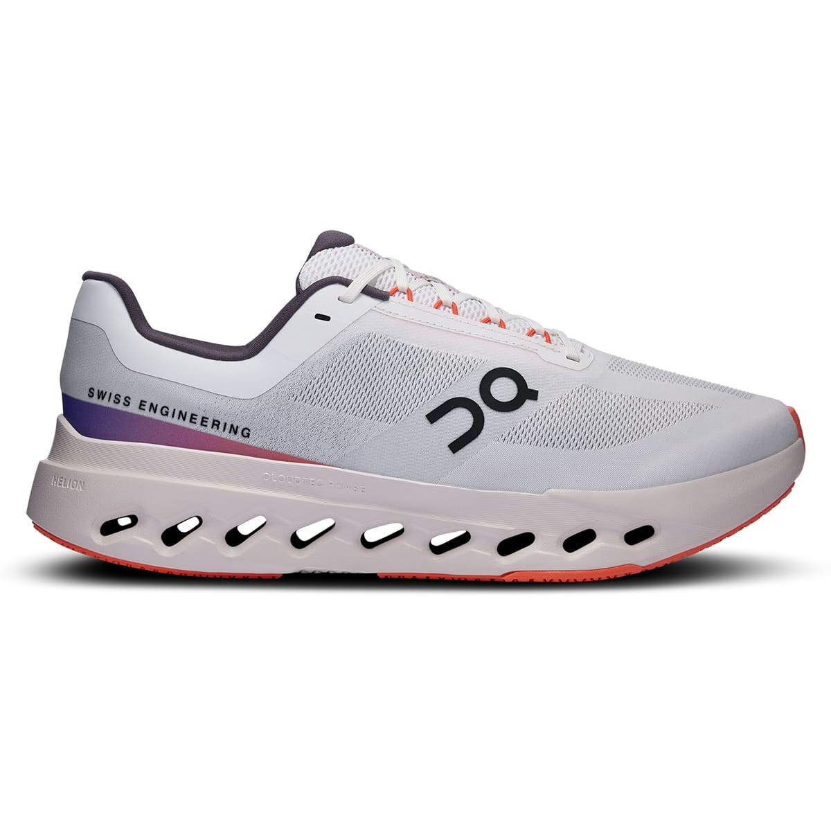 Right side view of the On Cloudsurfer Next White Flame men’s running shoe