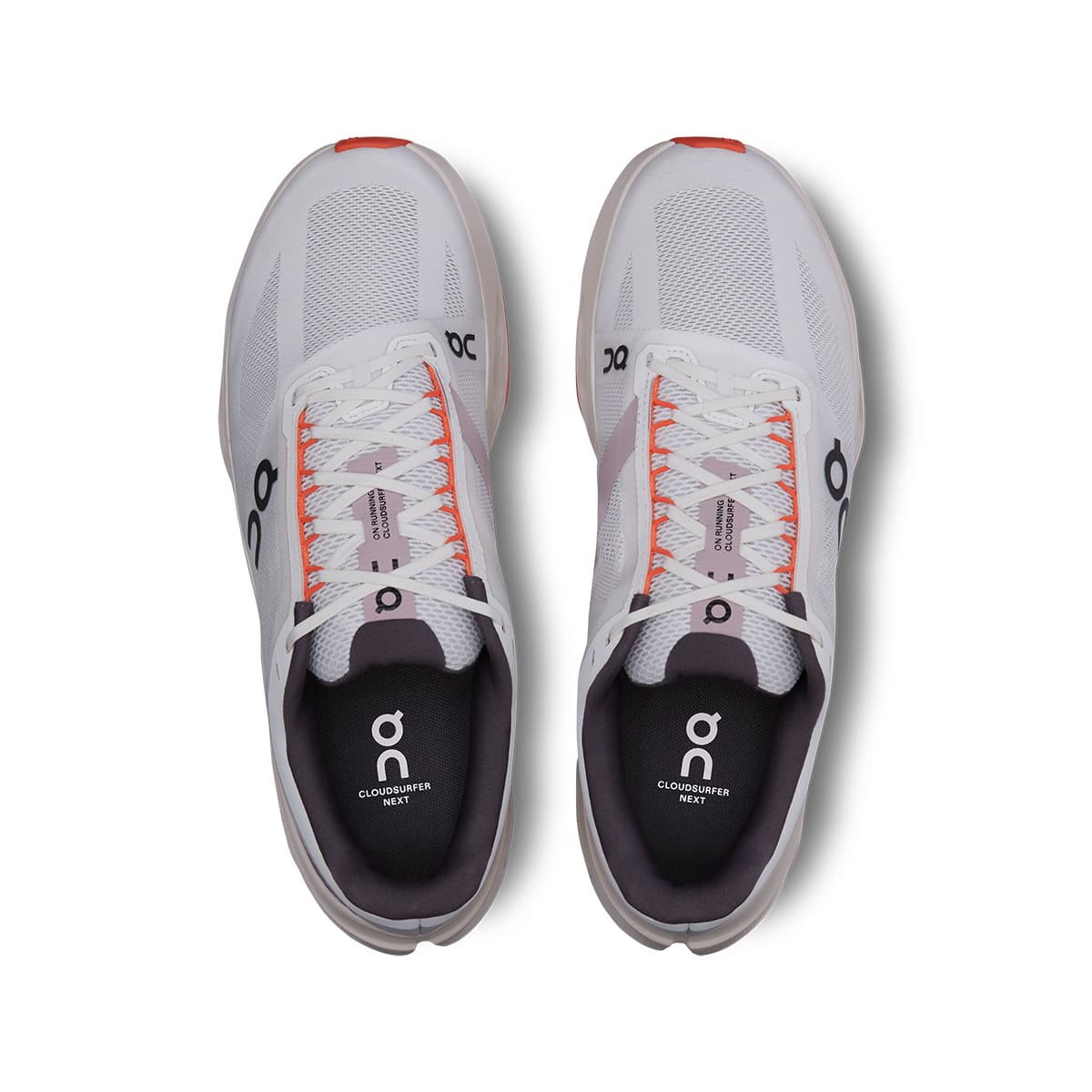 Top view of the On Cloudsurfer Next White Flame men’s running shoes
