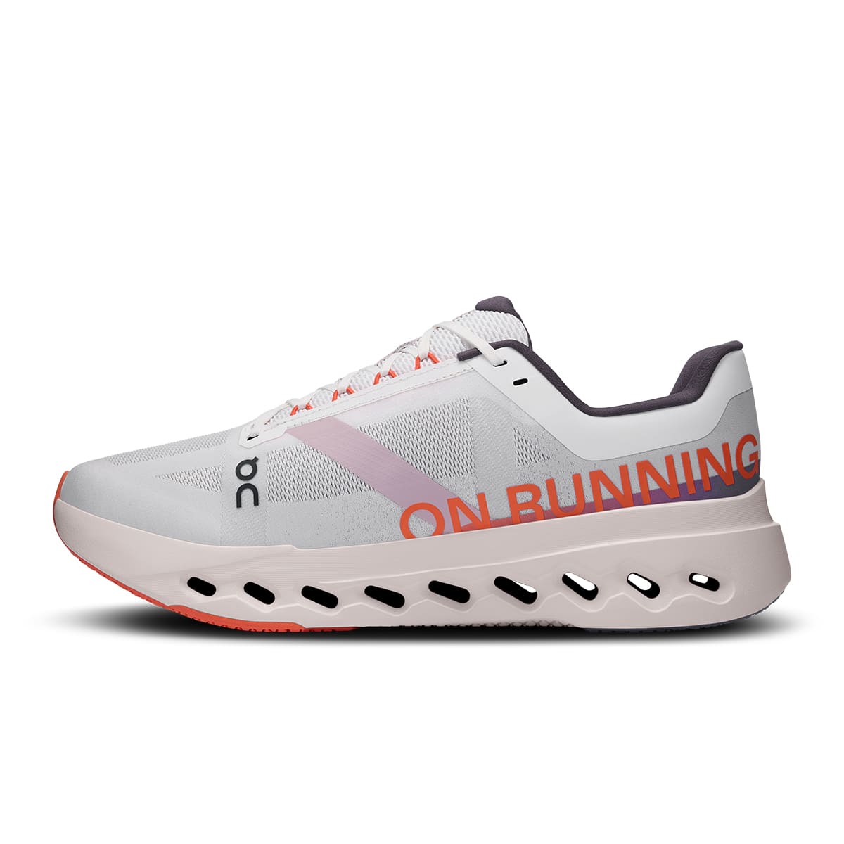 Left side view of the On Cloudsurfer Next White Flame men’s running shoe