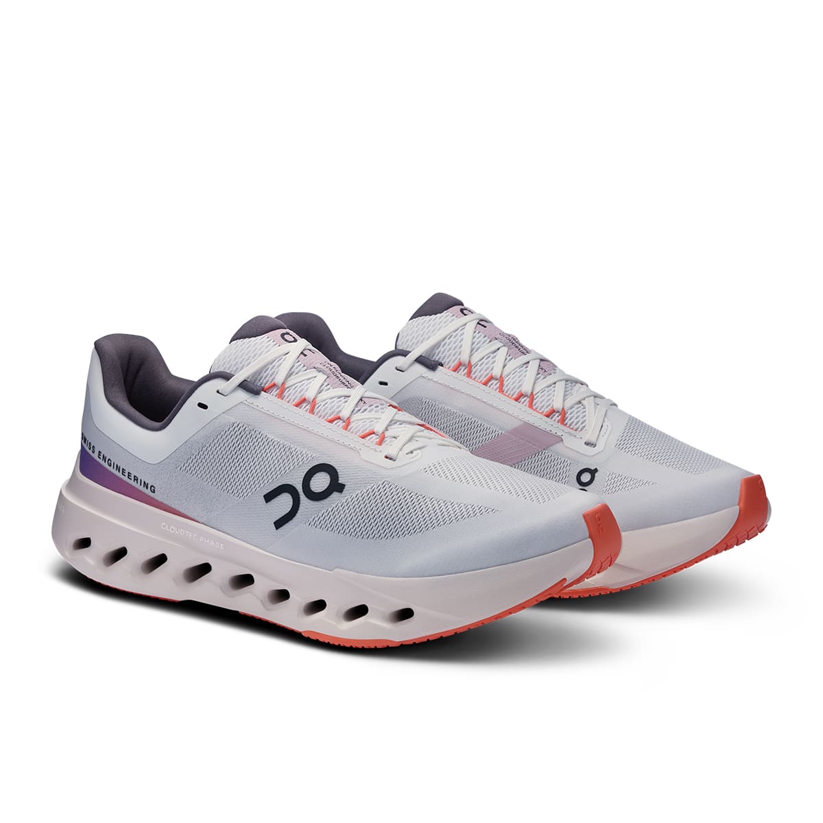 45-degree view of the On Cloudsurfer Next White Flame men’s running shoe