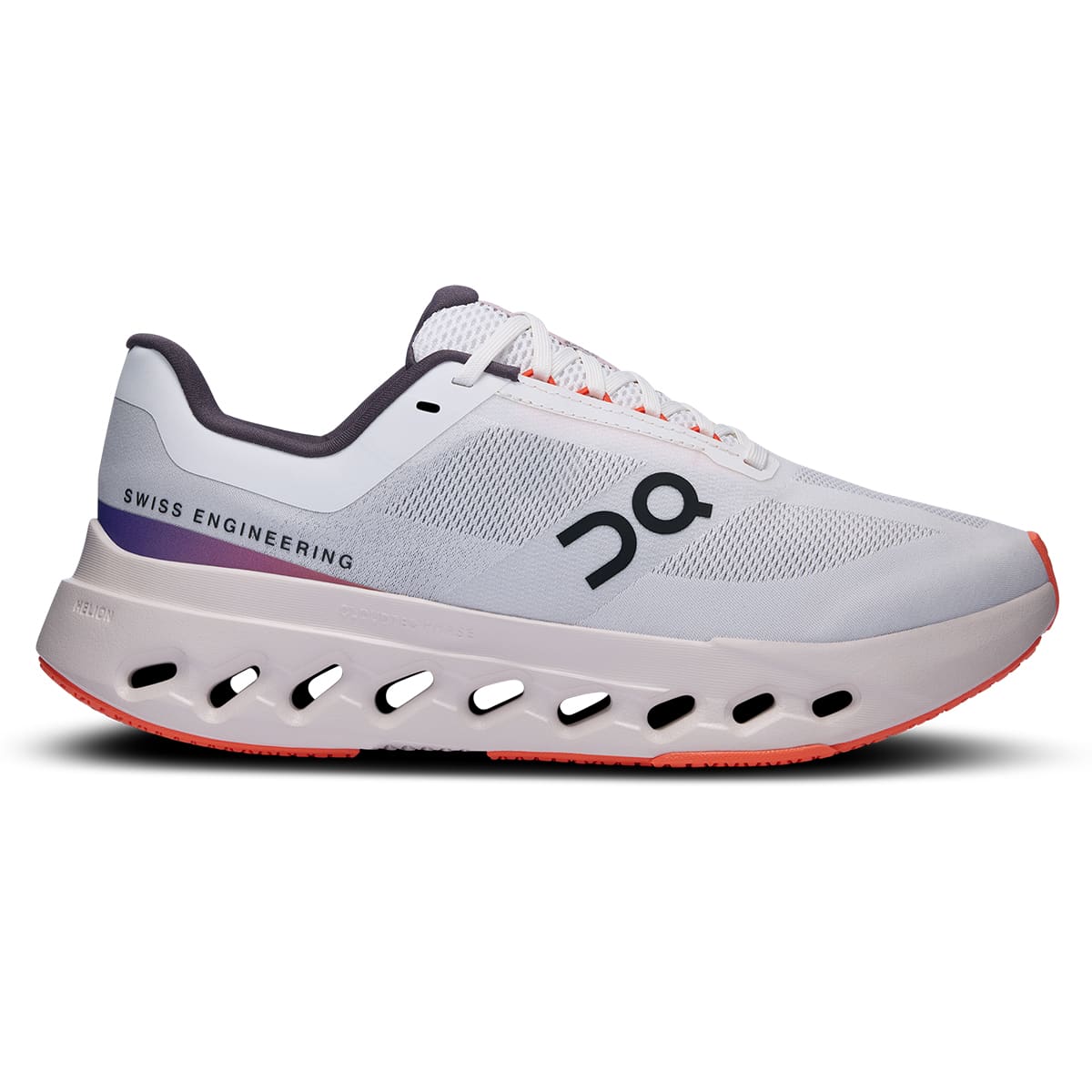 Right side view of the Road Running On Cloudsurfer Next White-Flame women’s running shoe #color_white-flame