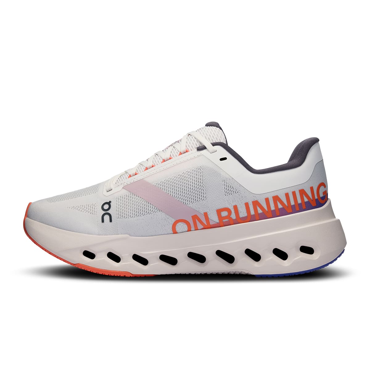 Left side view of the Road Running On Cloudsurfer Next White-Flame women’s running shoe #color_white-flame