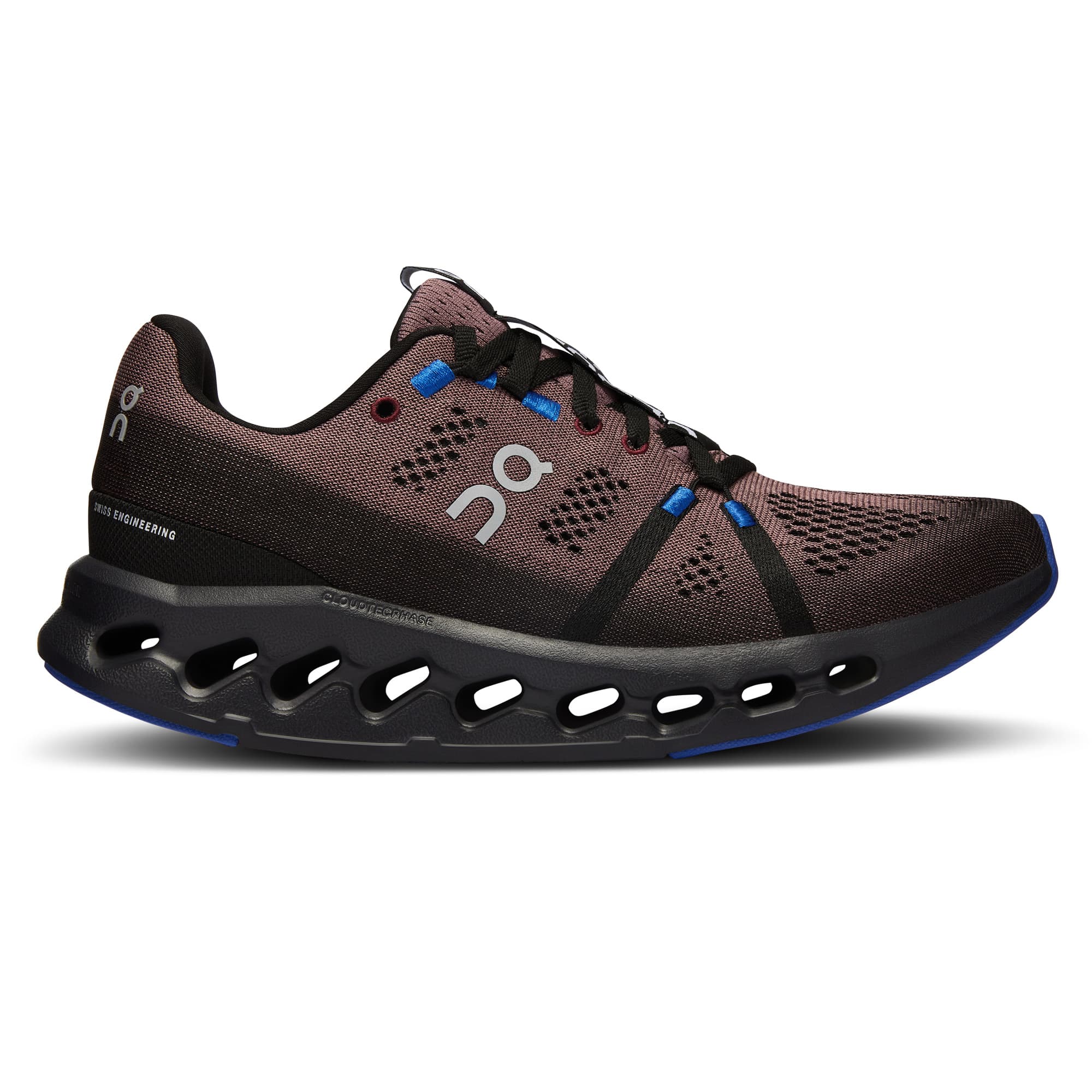 Right side view of the On Cloudsurfer Black-Cobalt women’s running shoe