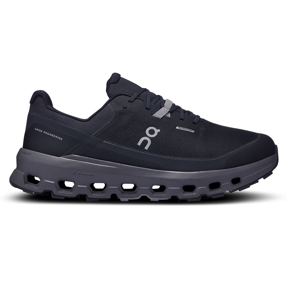 Right side view of the On Cloudvista 2 Black Eclipse men’s running shoe