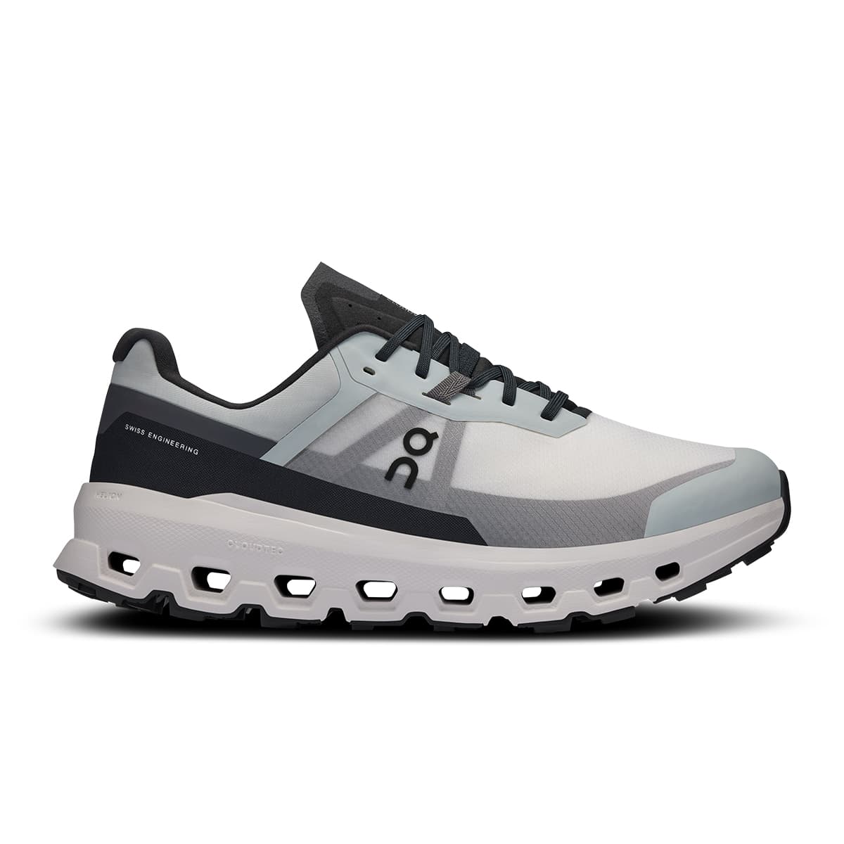Right side view of the On Cloudvista 2 Glacier Eclipse men’s running shoe