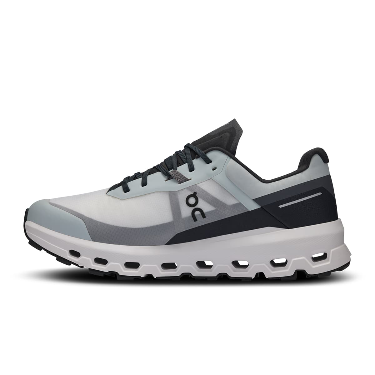 Left side view of the On Cloudvista 2 Glacier Eclipse men’s running shoe