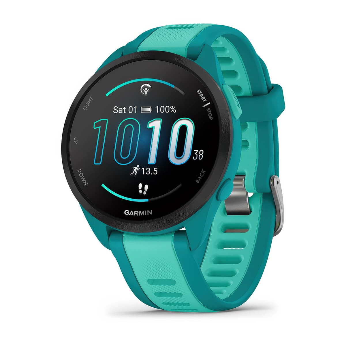 Front-left product shot of the Garmin Forerunner 165 Music showing watch face in Turquoise-Aqua