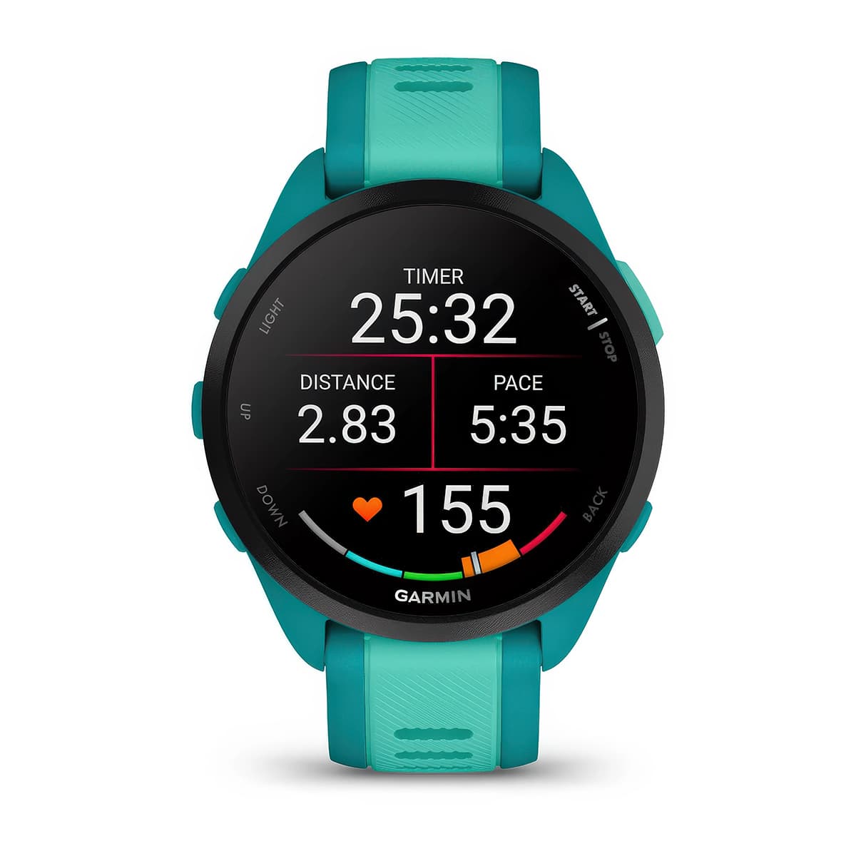 Front product shot of the Garmin Forerunner 165 Music showing pace, distance, and heart rate stats in Turquoise-Aqua