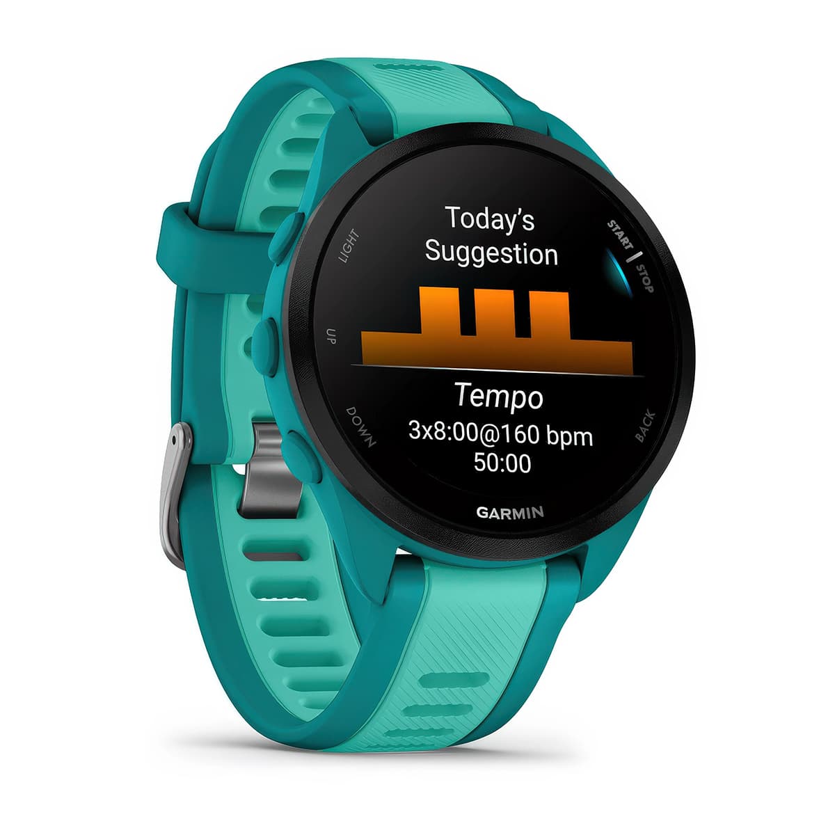 Front-right product shot of the Garmin Forerunner 165 Music showing daily suggested workouts in Turquoise-Aqua