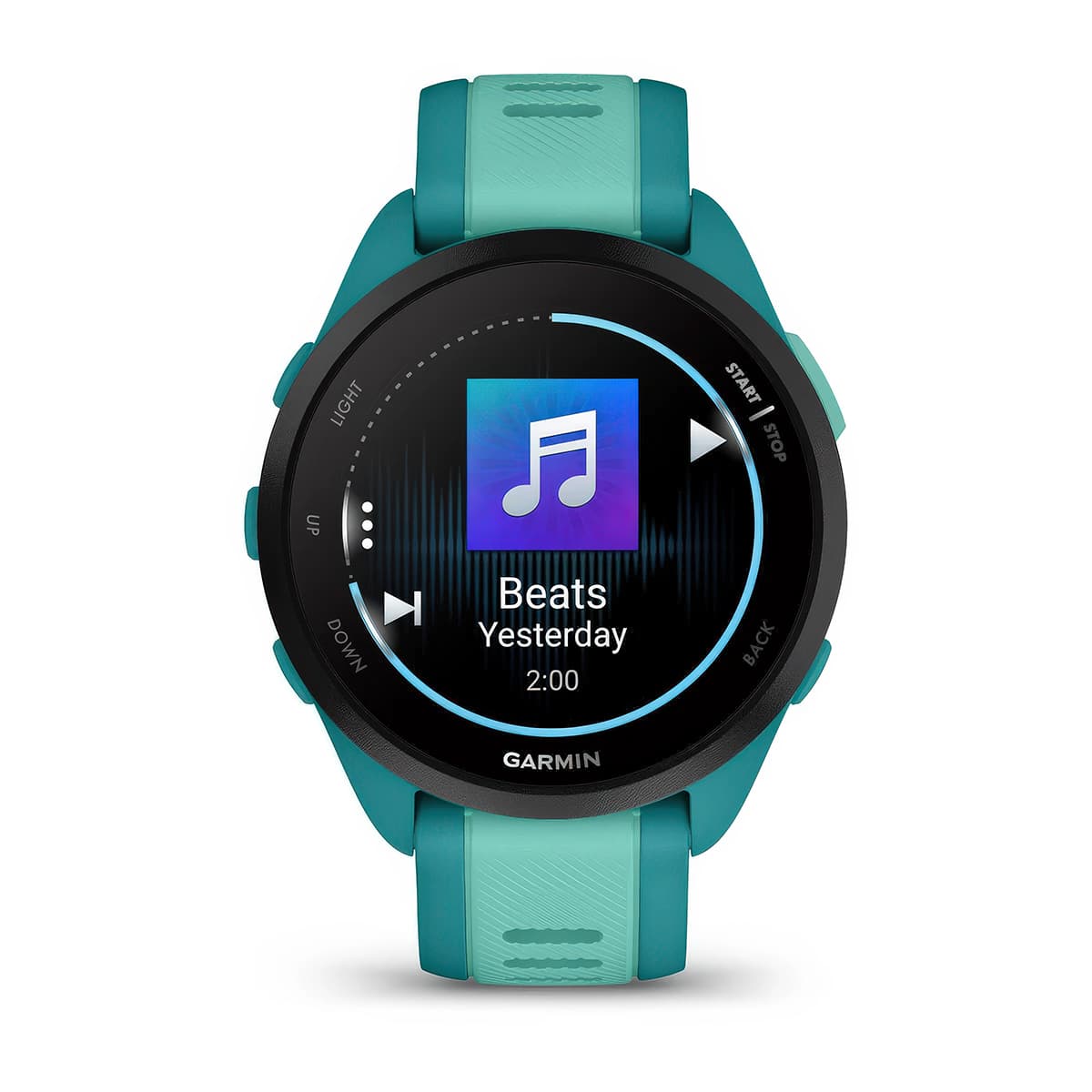 Front product shot of the Garmin Forerunner 165 Music showing music feature in Turquoise-Aqua