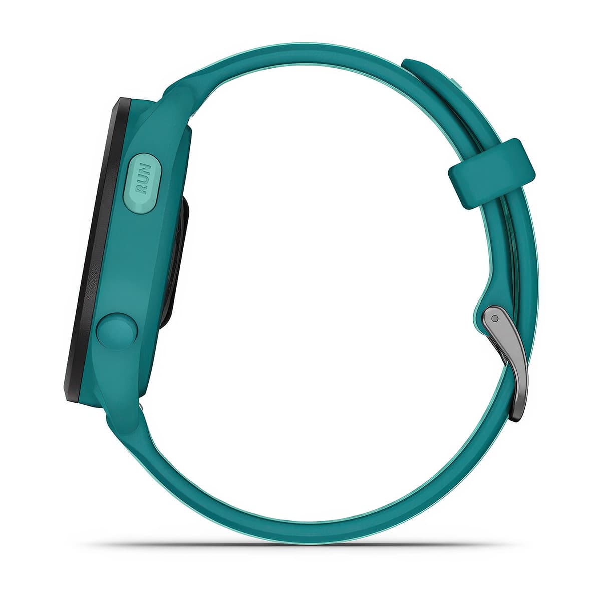 Left-side product shot of the Garmin Forerunner 165 Music in Turquoise-Aqua