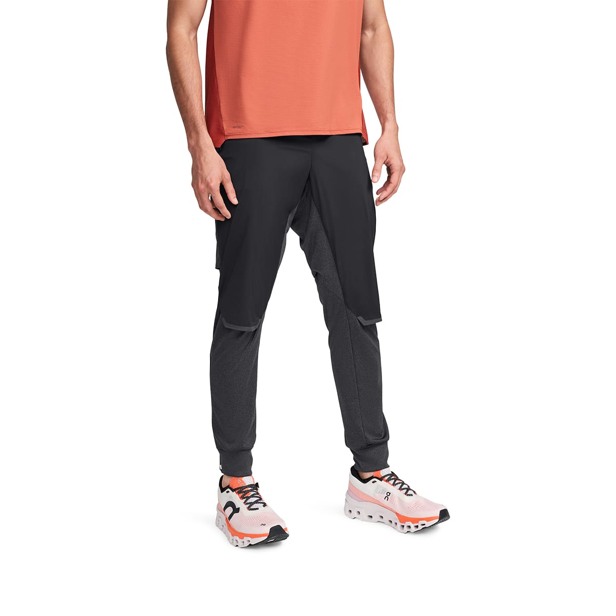 Man wearing the On Weather Pants Colour Black - Front View Detail