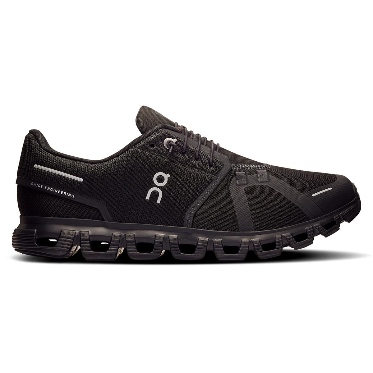 Right side view of the On Cloud 6 Black-Black men’s running shoe #color_black-black
