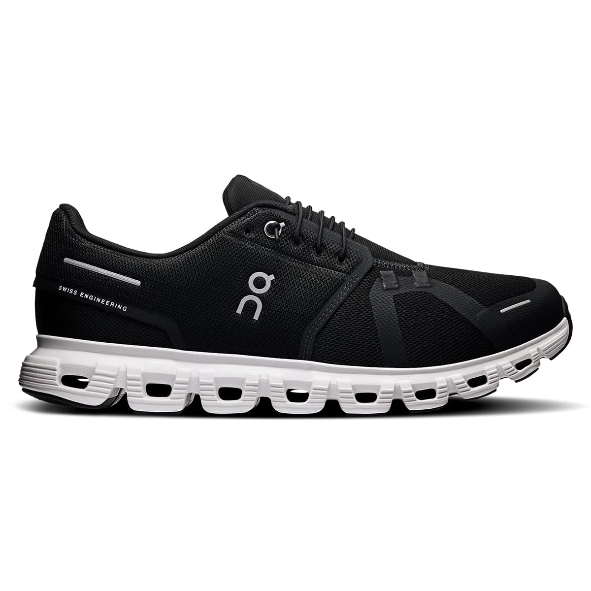 Right side view of the On Cloud 6 Black-White men’s running shoe
