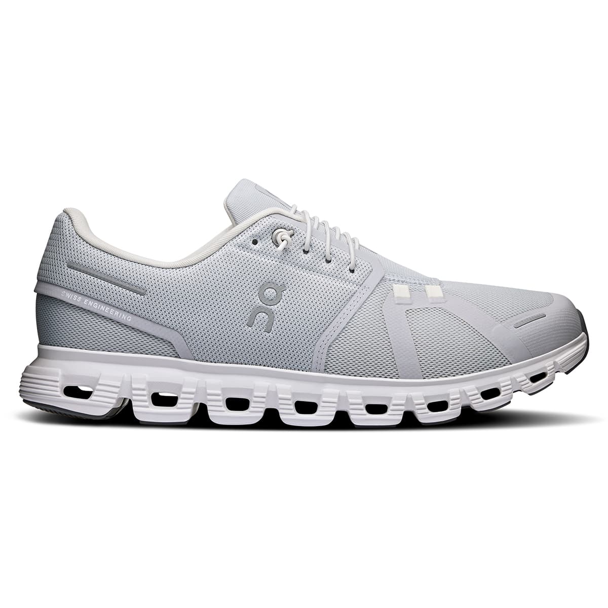Right side view of the On Cloud 6 Glacier-White men’s running shoe