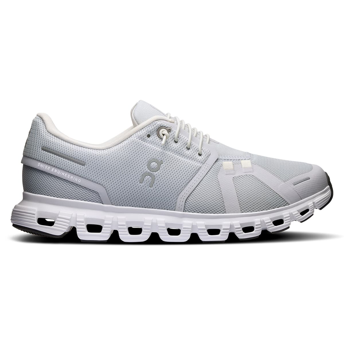 Right side view of the On Cloud 6 Glacier-White women’s running shoe