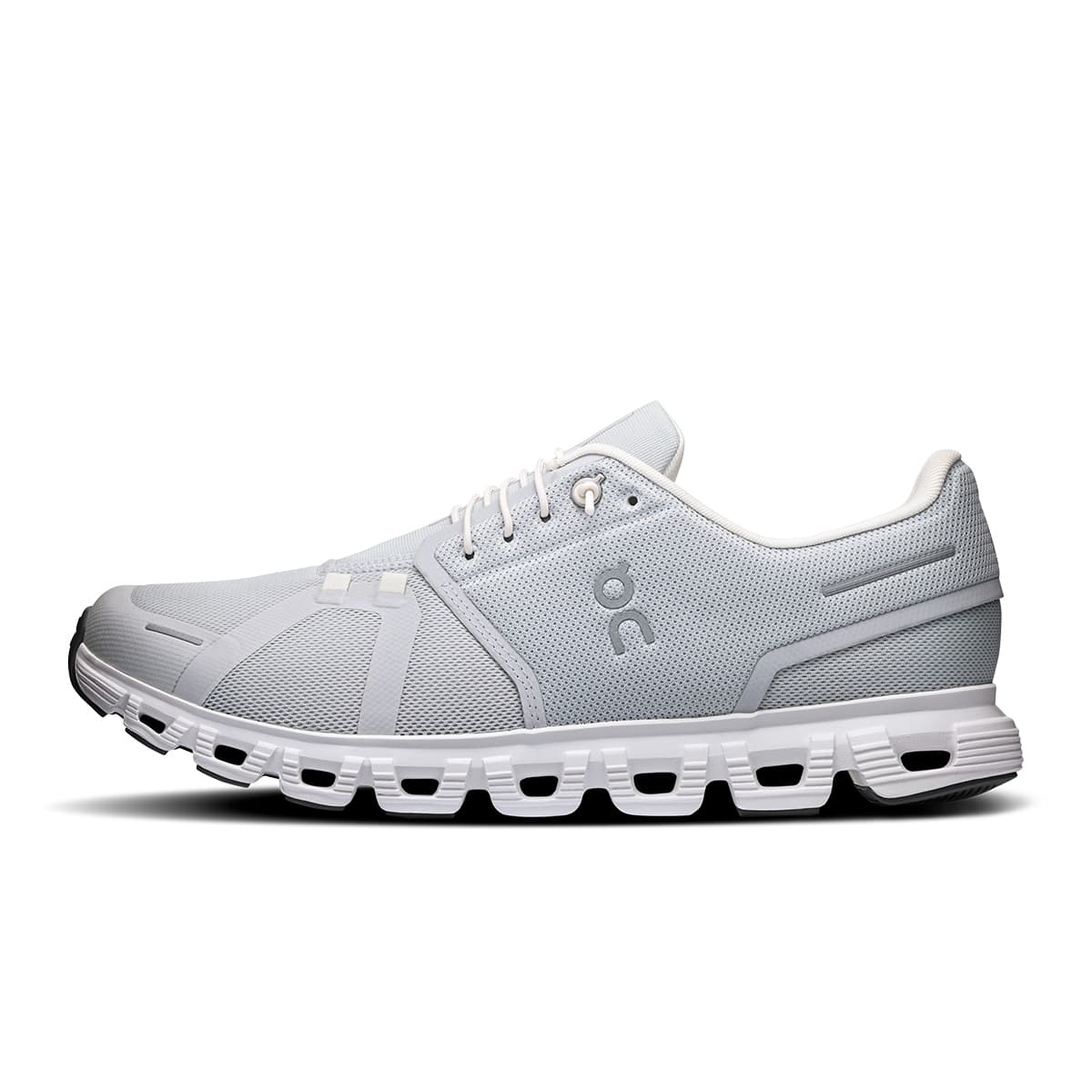 Left side view of the On Cloud 6 Glacier-White women’s running shoe