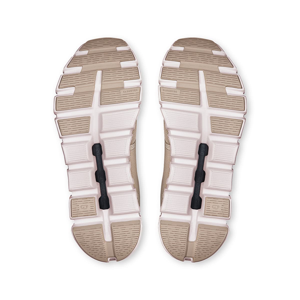 Soles of the On Cloud 6 Pearl-White women’s running shoes