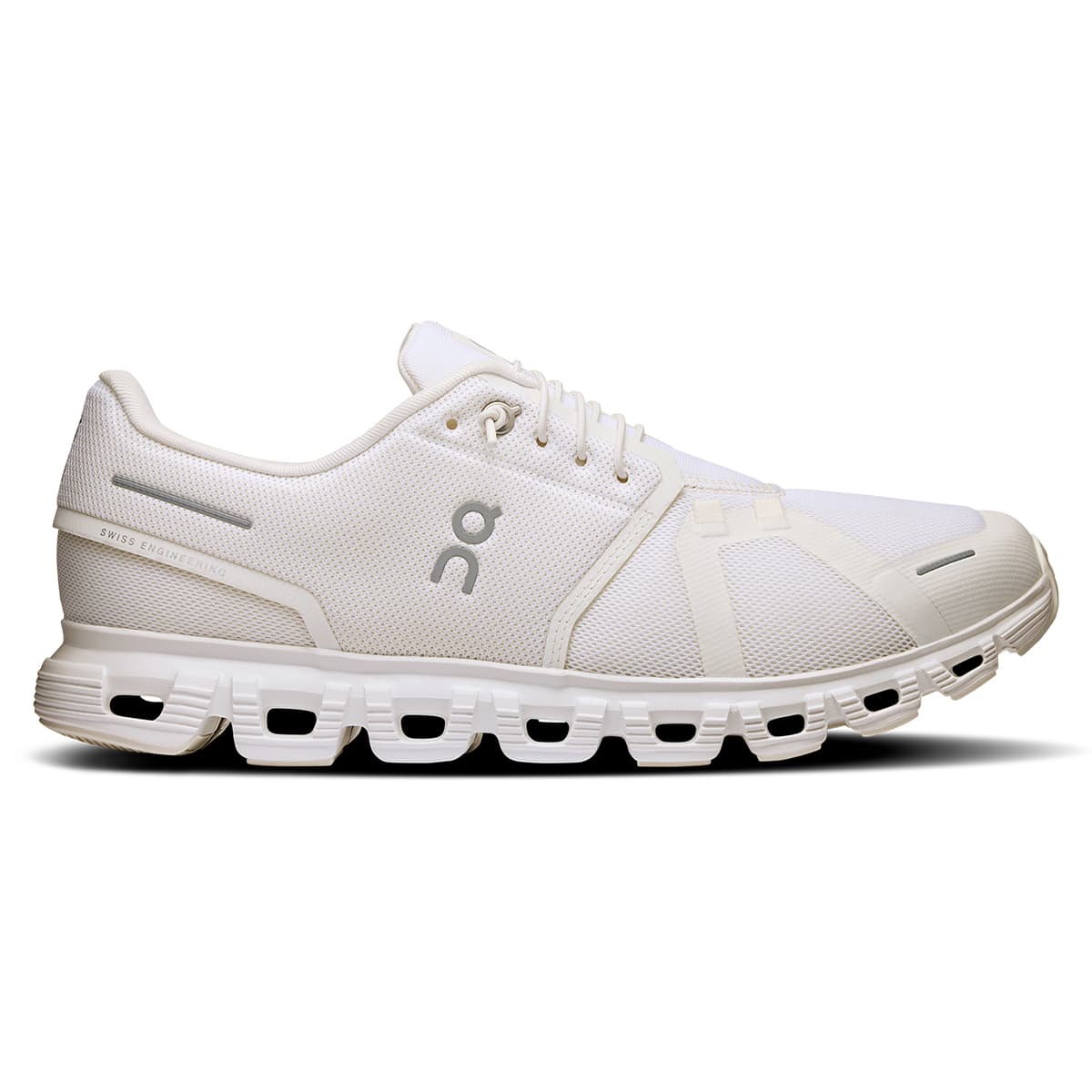 Right side view of the On Cloud 6 White-White men’s running shoe