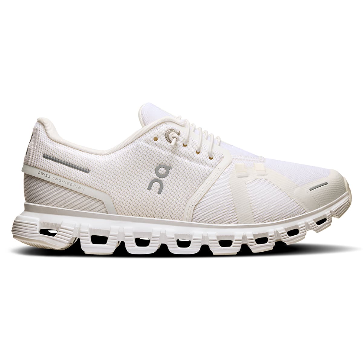 Right side view of the On Cloud 6 White-White women’s running shoe
