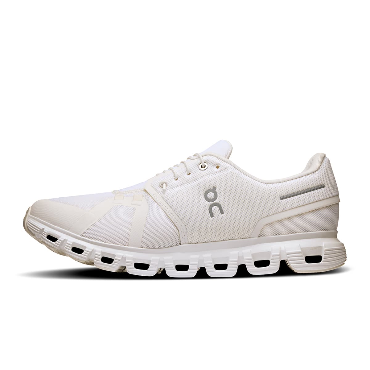 Left side view of the On Cloud 6 White-White women’s running shoe