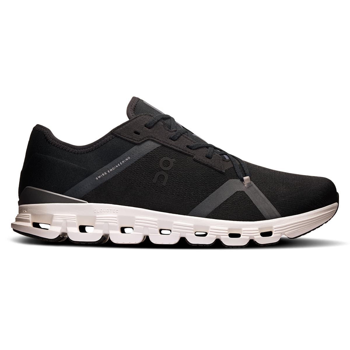 Right side view of the On Cloud X 4 AD Black-Asphalt men’s running shoe #color_black-asphalt