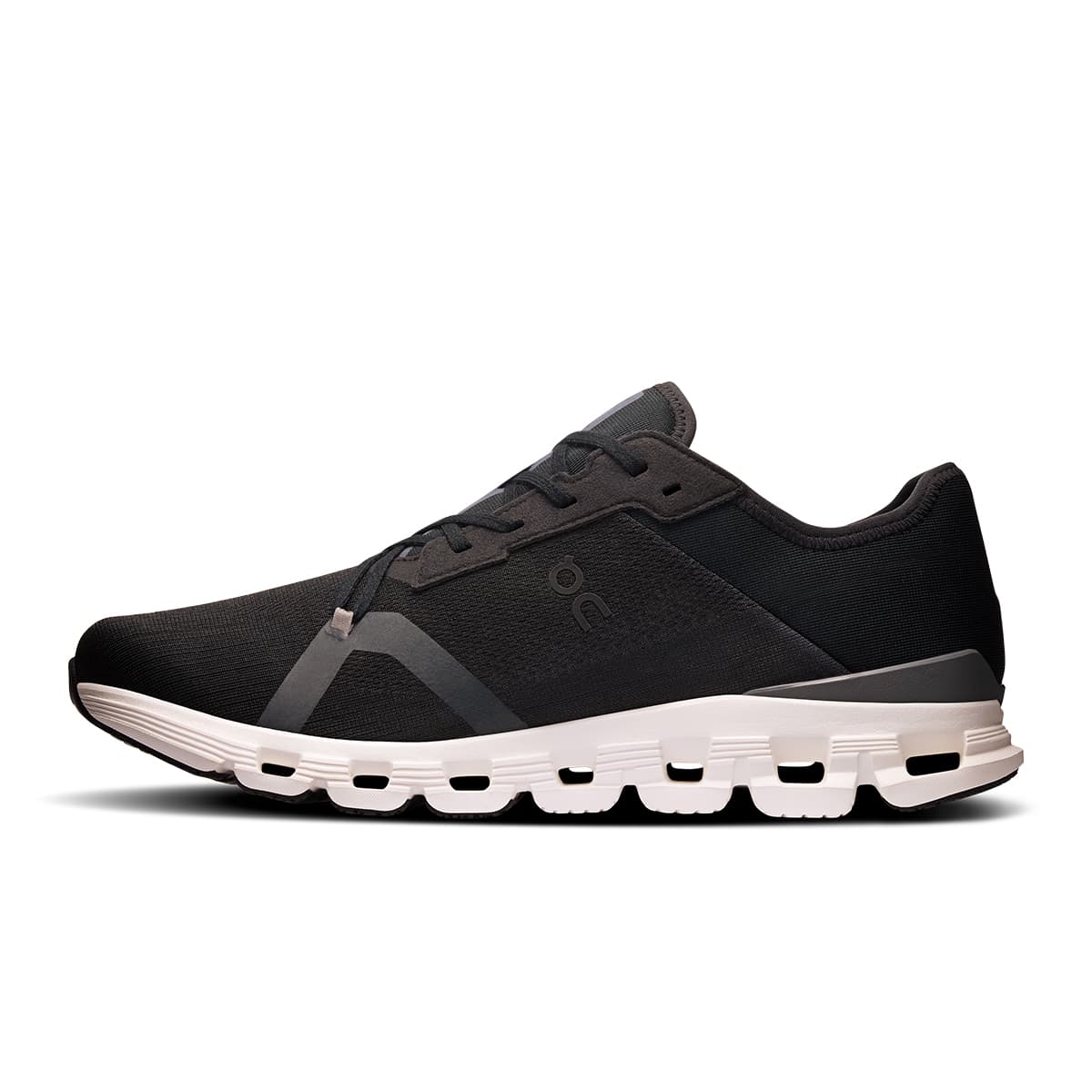 Left side view of the On Cloud X 4 AD Black-Asphalt men’s running shoe #color_black-asphalt