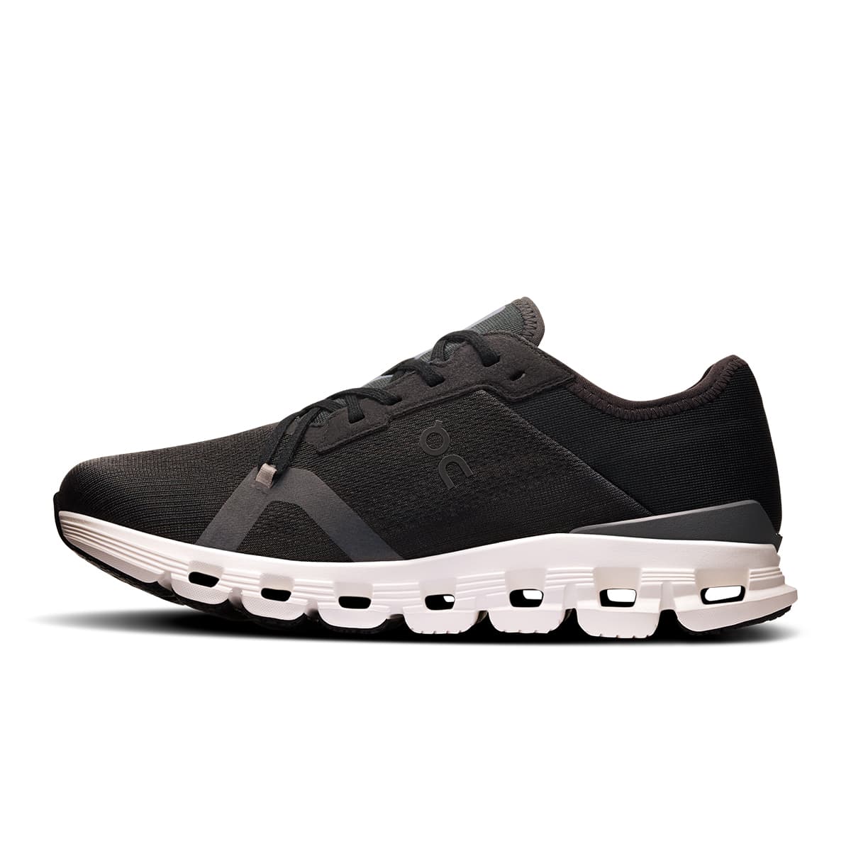 Left side view of the On Cloud X 4 AD Black-Asphalt women’s running shoe