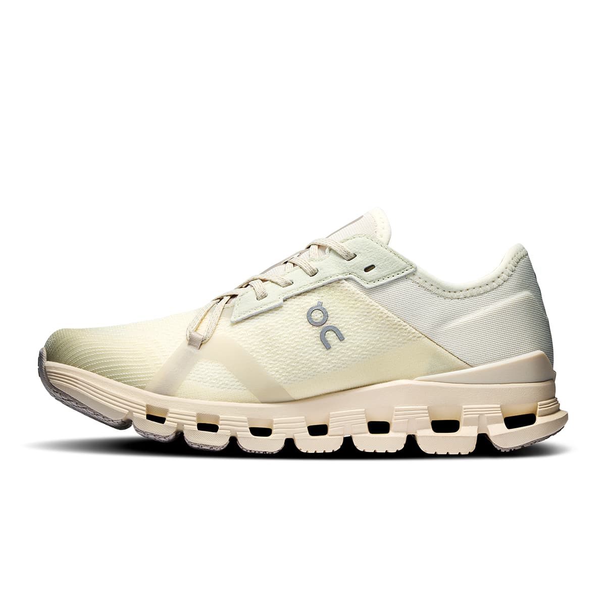 Left side view of the On Cloud X 4 Ghost-Dew women’s running shoe