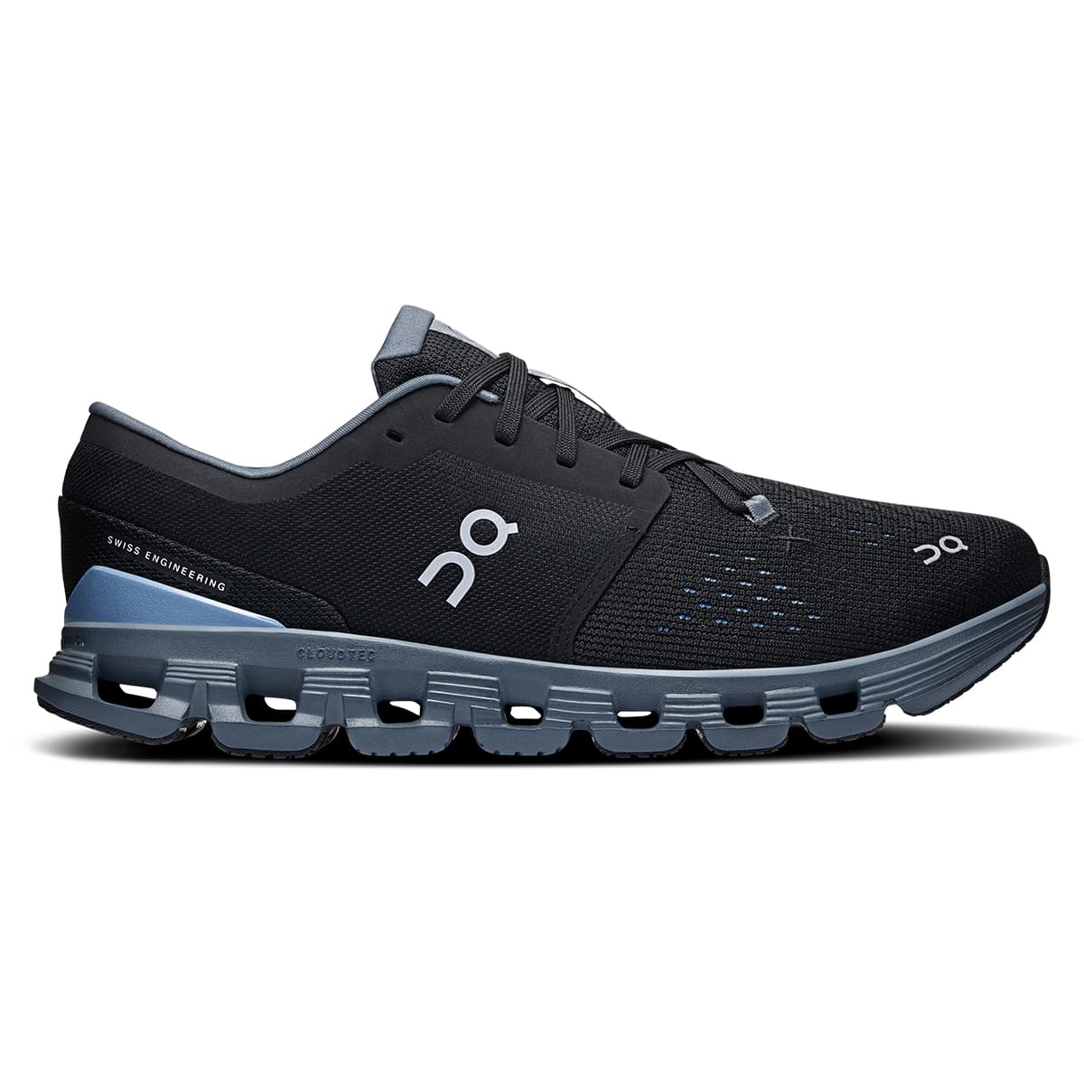 Right side view of the On Cloud X4 Black-Chambray men’s running shoe