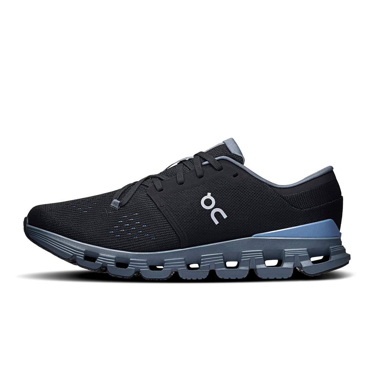 Left side view of the On Cloud X4 Black-Chambray men’s running shoe