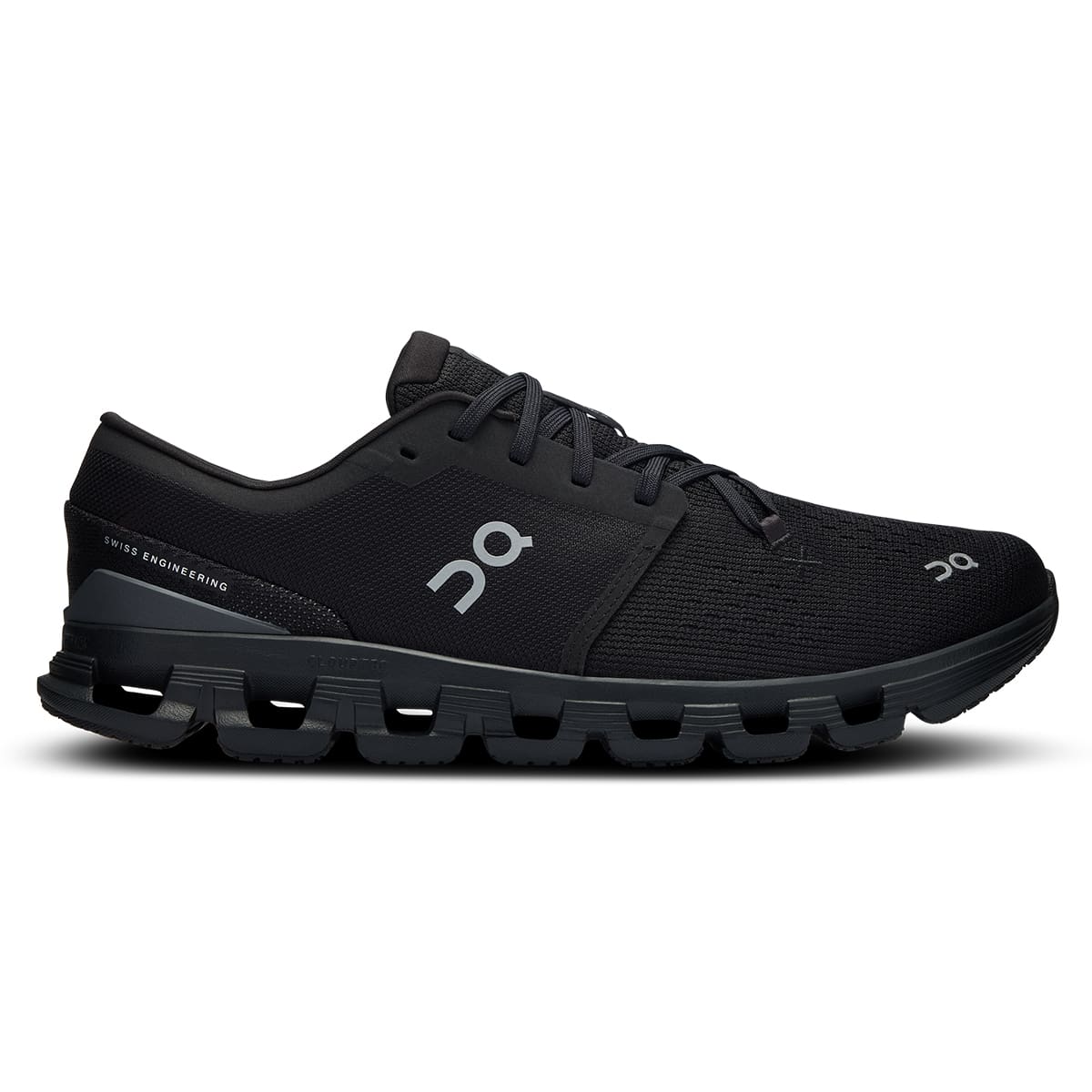 Right side view of the On Cloud X4 Black-Eclipse men’s running shoe