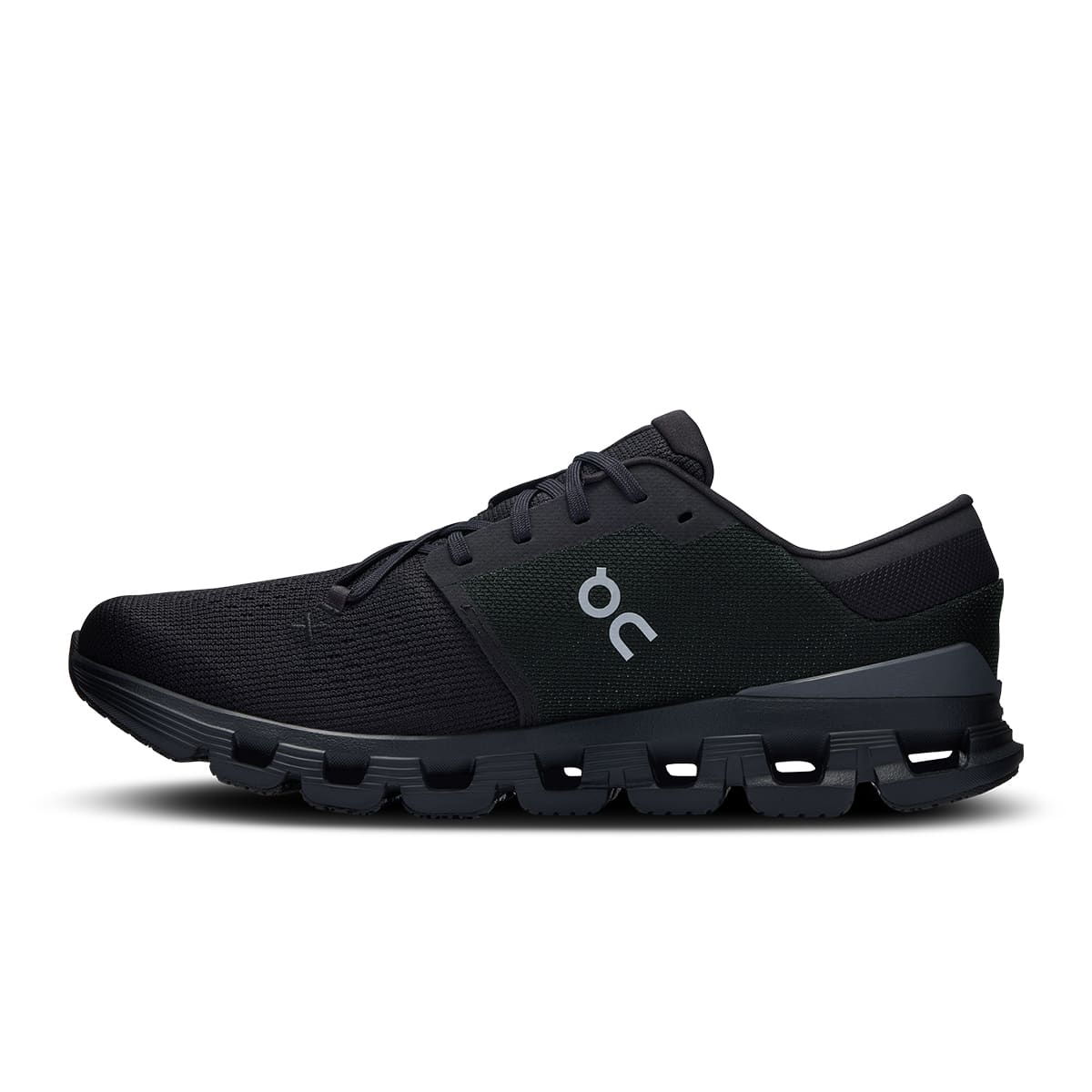 Left side view of the On Cloud X4 Black-Eclipse men’s running shoe #color_black-eclipse