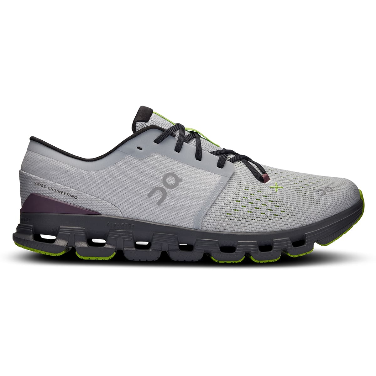 Right side view of the On Cloud X4 Glacier-Eclipse men’s running shoe