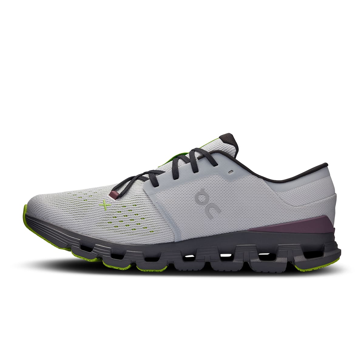 Left side view of the On Cloud X4 Glacier-Eclipse men’s running shoe