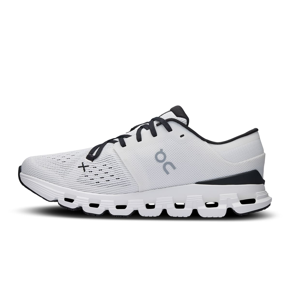 Left side view of the On Cloud X4 Ivory-Black women’s running shoe #color_ivory-black