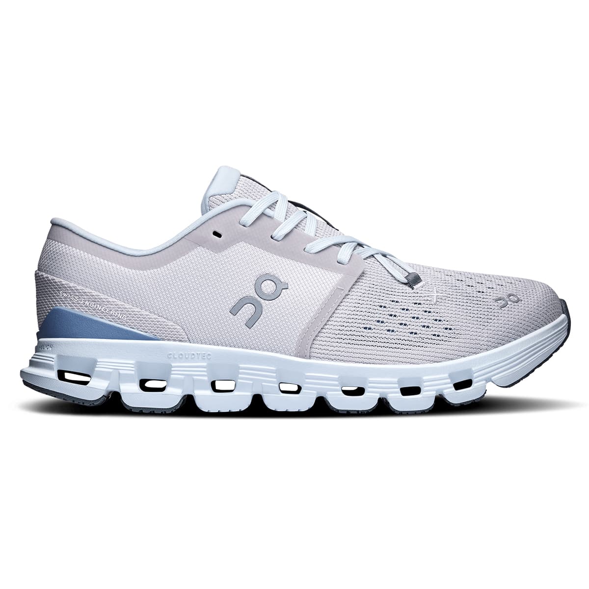 Right side view of the On Cloud X4 Silver-Chambray women’s running shoe